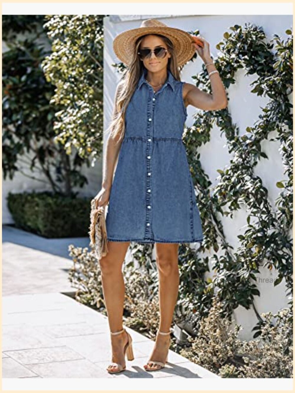 Sleeveless Babydoll Button Down Denim Dress - A-Line with Collar - Picture 4 of 7